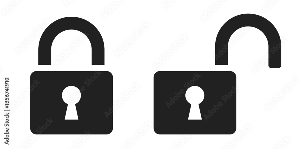 Lock icon set. Locked and unlocked lock on white background. Black locked and unlocked padlock symbols. Lock icon set. Locked and unlocked lock on white background. Black locked and unlocked padlock symbols.