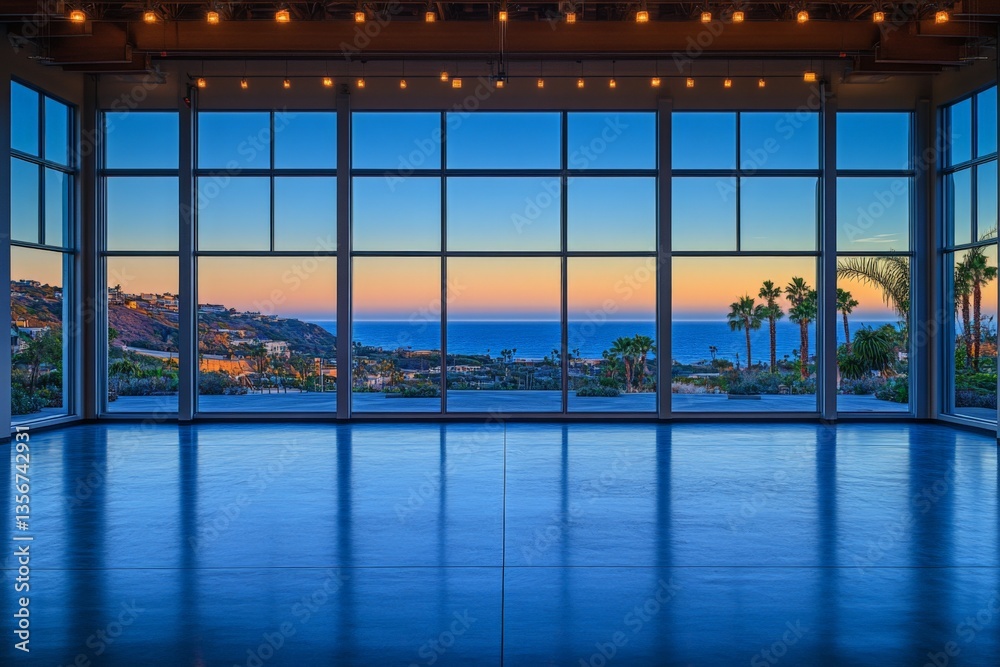 Fototapeta premium Stunning coastal view at sunset from a spacious event space with large windows overlooking the ocean and palm trees