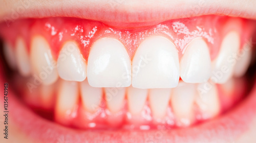 close up of inflamed gums with visible redness and swelling, highlighting oral health issues such as gingivitis or gum disease. teeth appear clean, contrasting with irritated gums