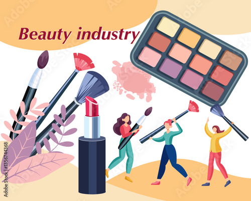 beauty cosmetics people with cosmetic accessories brushes nail polish lipstick eyeshadow doing makeup vector