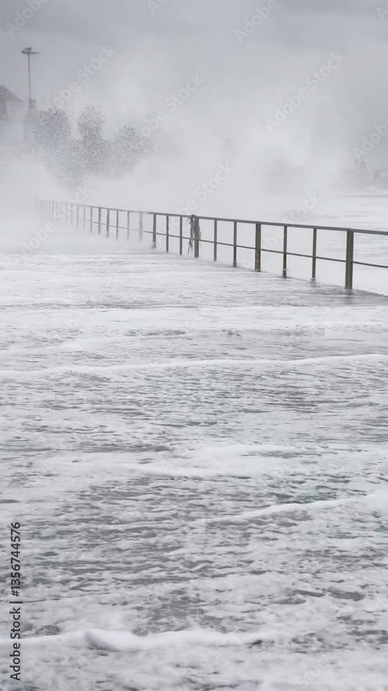 Heavy rain causes flooding on waterfront promenade in Cascais, Portugal during stormy weather Heavy rain causes flooding on waterfront promenade in Cascais, Portugal during stormy weather