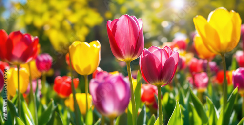 Vibrant tulips in shades of red, yellow, and pink in a sunlit garden with a blurred green background. A creative concept of spring and nature. Ai generative