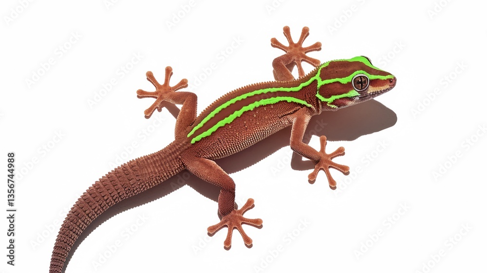 Naklejka premium Realistic brown gecko with green stripes isolated on white background
