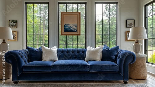 Luxurious blue velvet sofa in a sun-drenched modern living room photo