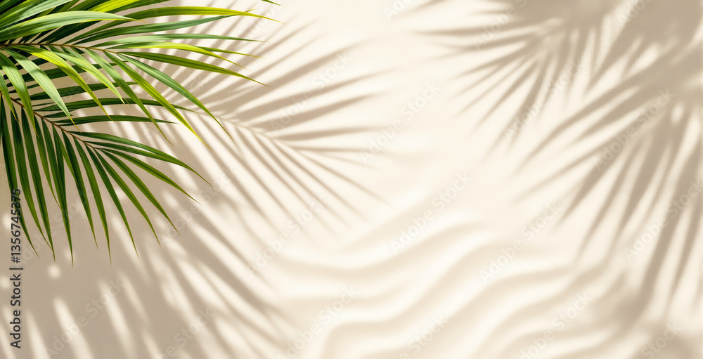 Obraz premium Green palm leaves casting soft shadows on a bright beige background. Light and shadow create a tropical summer atmosphere. Ai generative