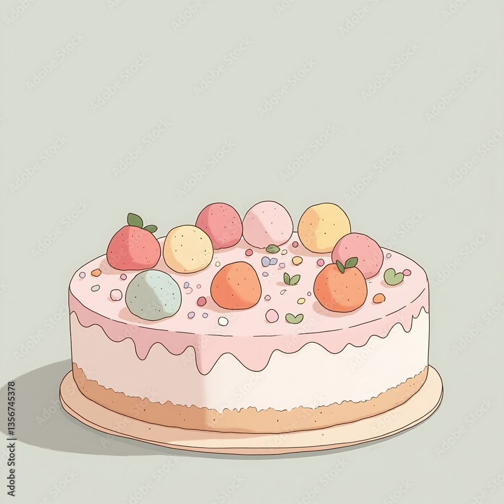 A cake with a pink frosting and a variety of fruits on top. The cake is decorated with strawberries, oranges, and other fruits A cake with a pink frosting and a variety of fruits on top. The cake is decorated with strawberries, oranges, and other fruits