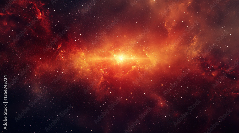 Fototapeta premium Distant blazar radiating intense light, surrounded by cosmic dust, a mysterious early universe phenomenon.