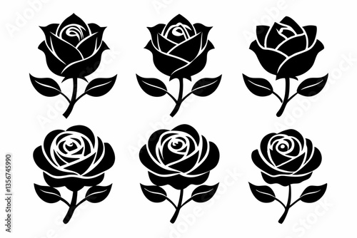 the rose icon set silhouette black vector