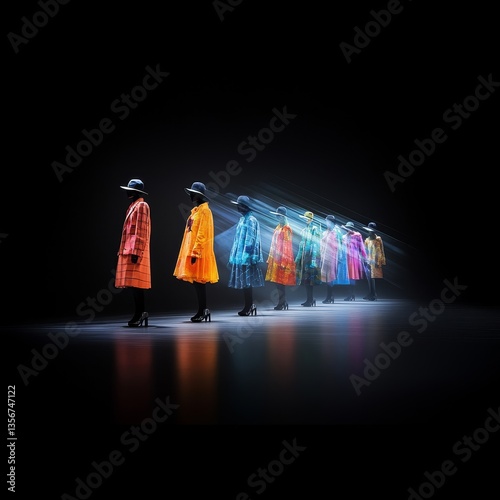 Fashion Models Displaying Stylish Coats in Dramatic Lighting Setup