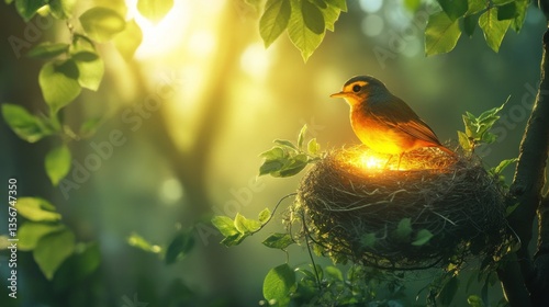 A radiant robin perched upon its glowing nest in sun-drenched foliage
