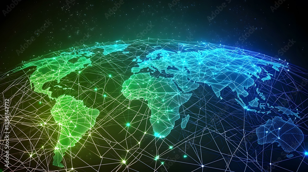 The image shows a stylized, glowing world map with interconnected nodes representing a global network. A vibrant green and blue color scheme emphasizes the interconnectedness of the world through a The image shows a stylized, glowing world map with interconnected nodes representing a global network. A vibrant green and blue color scheme emphasizes the interconnectedness of the world through a