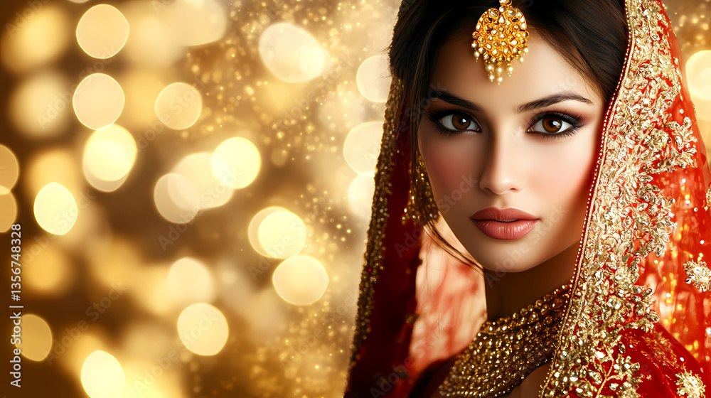Radiant Bride: An elegant Indian bride adorned in exquisite traditional attire, framed by a soft focus backdrop that enhances her captivating beauty and the richness of the occasion. Radiant Bride: An elegant Indian bride adorned in exquisite traditional attire, framed by a soft focus backdrop that enhances her captivating beauty and the richness of the occasion.