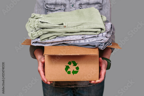 Unrecognizable woman holding a cardboard box filled with secondhand clothes, promoting sustainable fashion, recycling, and charitable giving.