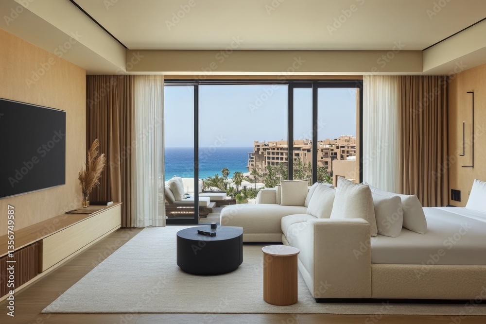 Fototapeta premium Luxurious hotel room with ocean view and modern design in a tropical destination