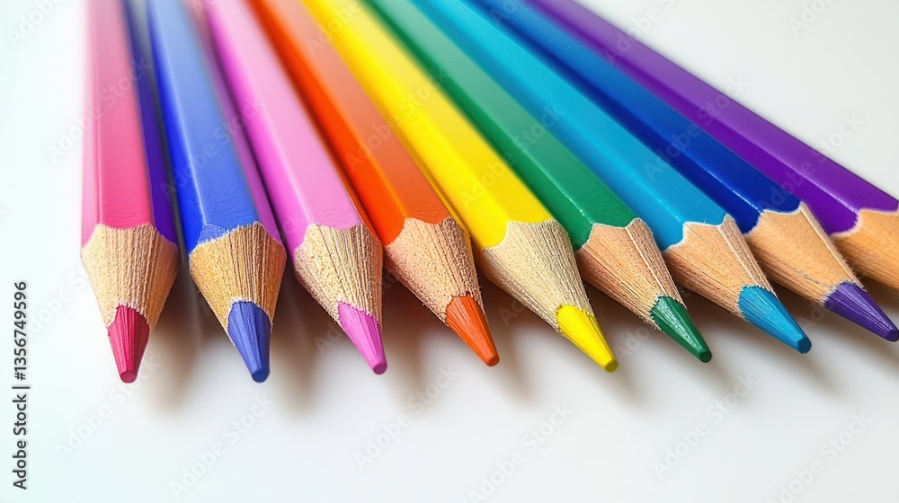 Row of sharp colorful pencils in rainbow spectrum order close up on white bright soft light table