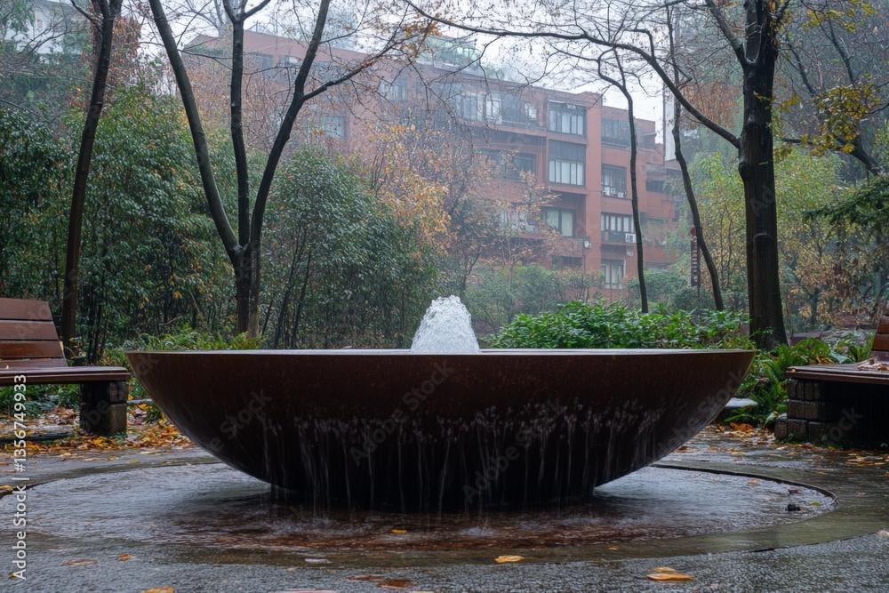 Urban park fountain surrounded by lush greenery on a misty autumn day in a residential area Urban park fountain surrounded by lush greenery on a misty autumn day in a residential area