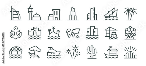 Premium Icons Pack on Famous District, Architecture and Landmarks United Arab Emirates Dubai. Such Line Signs as Burj Khalifa, Dubai Old City. Vector Icons Set for Web and App Outline Editable Stroke.