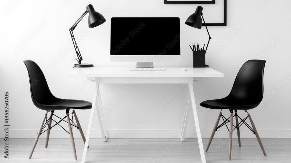 Fototapeta premium Modern Workspace, Empty Computer, Minimalist Decor