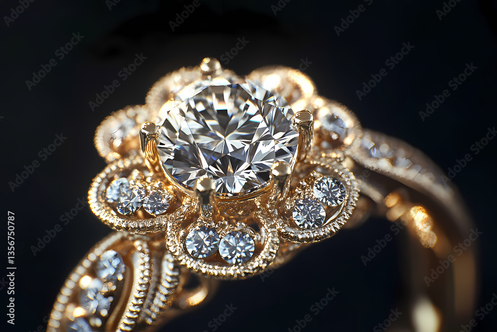 Exquisite Brilliance: A stunning macro shot of a detailed engagement ring, featuring a large, sparkling diamond centerpiece surrounded by smaller accent stones. Exquisite Brilliance: A stunning macro shot of a detailed engagement ring, featuring a large, sparkling diamond centerpiece surrounded by smaller accent stones.