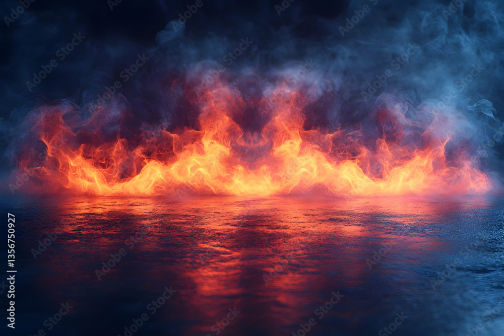 Fototapeta premium Fiery Flames And Smoke In Dark Reflective Studio Scene
