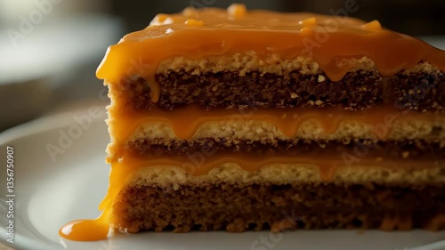 Delicious Caramel Cake Slice Closeup Sweet Dessert Treat Food