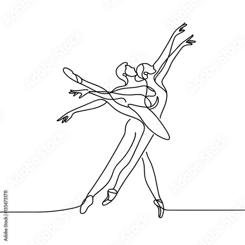 Elegant ballet dancers performing in a minimalist line art style  