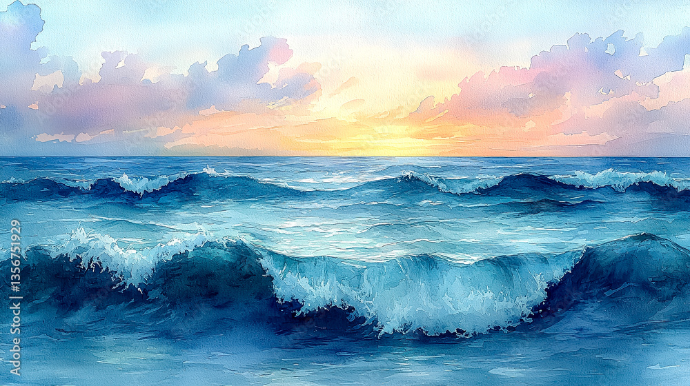Obraz premium Serene Watercolor Depiction of Gentle Ocean Waves Beneath a Pastel Sunset Sky with Soft Clouds