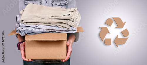 Female hands holding a cardboard box full of secondhand clothes, symbolizing circular fashion, zero waste, and responsible clothing consumption.