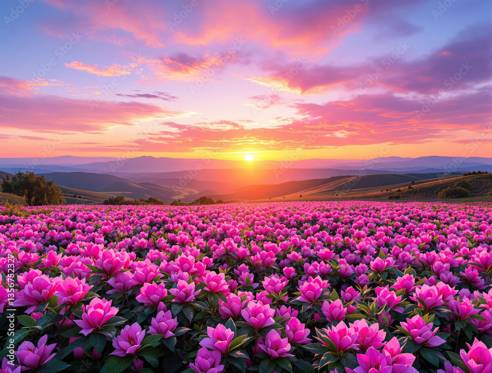 Fototapeta premium A vibrant field of pink flowers stretches across rolling hills under a colorful sunset sky, creating a peaceful and scenic nature background. Ai generative