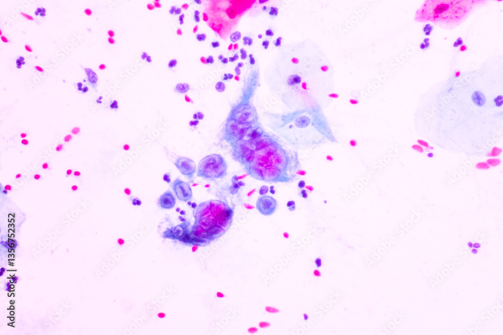 Fototapeta premium Genital herpes infection by the herpes simplex virus (HSV) of the genitals.Ground glass appearance criteria for pap smear slide cytology and pathology.Human cell medical concept.