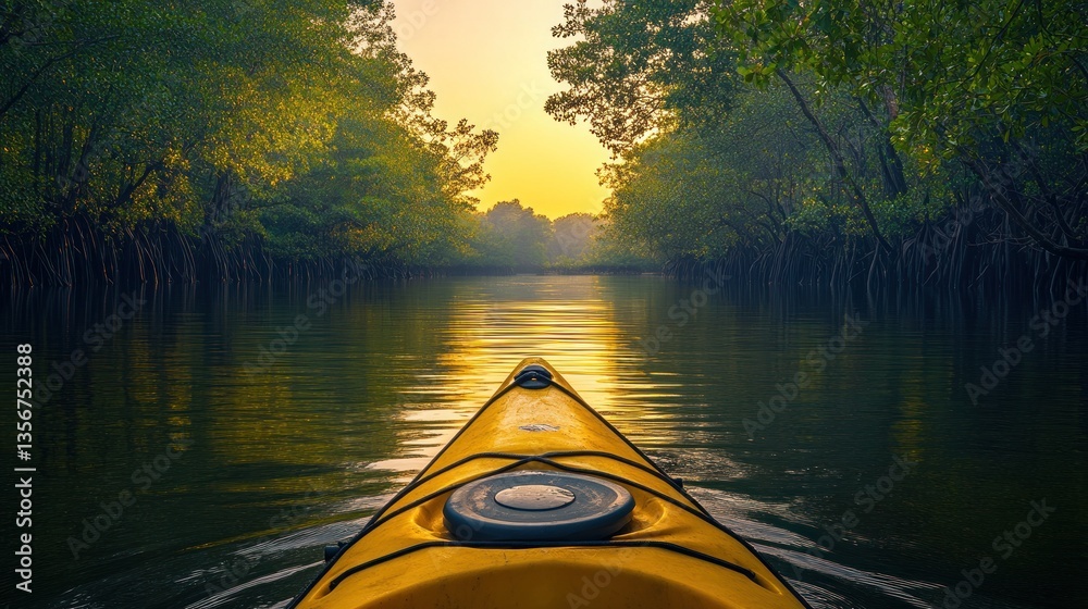 Fototapeta premium Kayaking through mangrove forest at sunrise