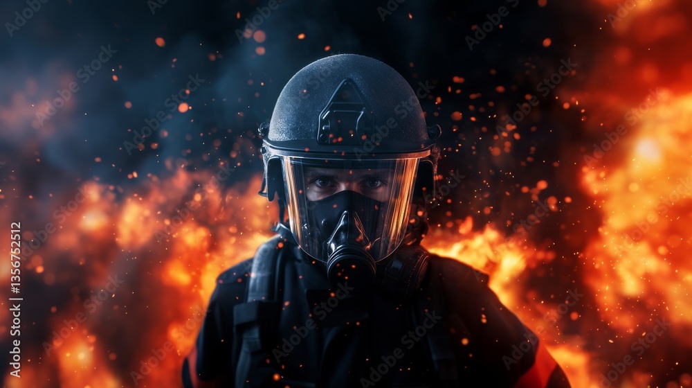 Fototapeta premium Firefighter fighting fire, close up, emergency response theme