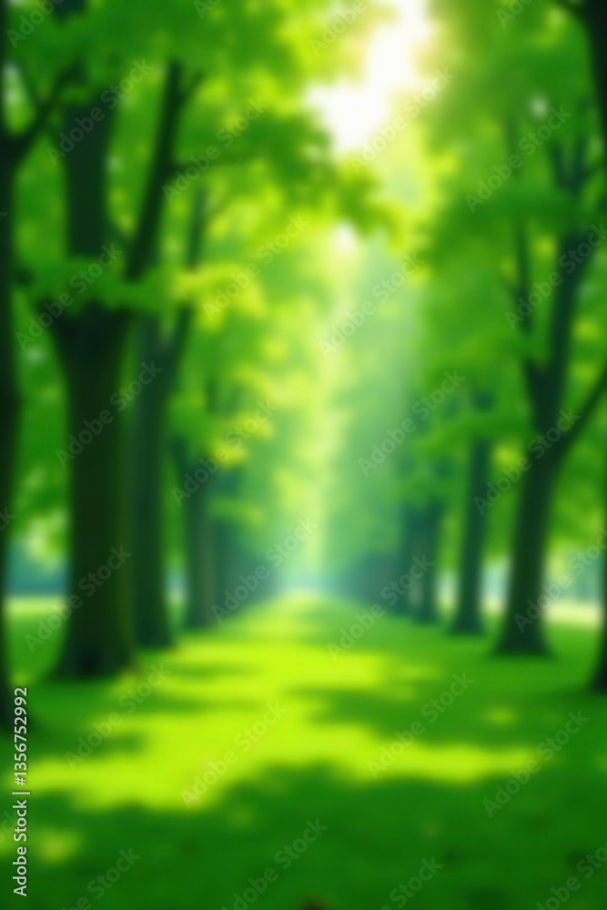 Fototapeta premium Abstract blurred green nature background with lush foliage and sunlight filtering through the trees in a park, blur, trees