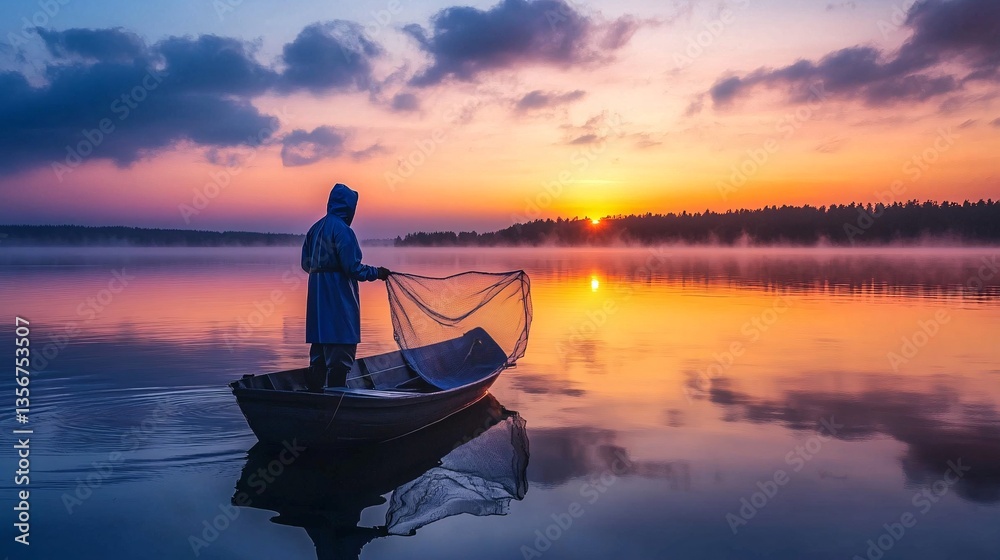 Fisherman in the boat with fishing net on the lake at sunrise. Beautiful landscape. Fisherman in the boat with fishing net on the lake at sunrise. Beautiful landscape.