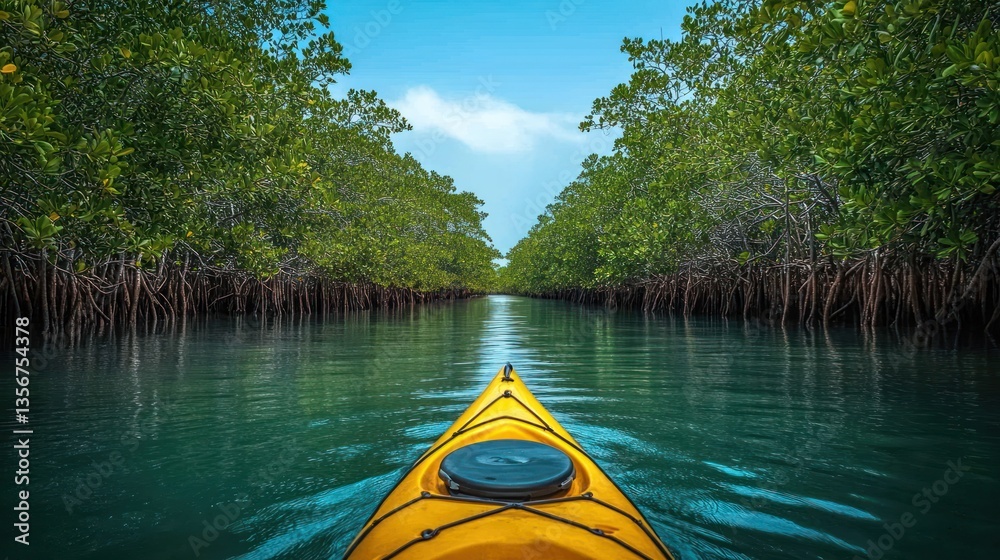 Fototapeta premium Kayaking through mangrove forest waterway, tranquil scenery, exploration