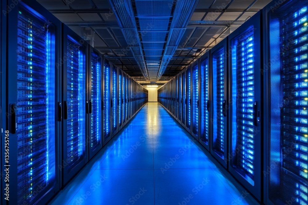 Fototapeta premium Data center illuminated in blue light showing rows of servers and cabling installations at night