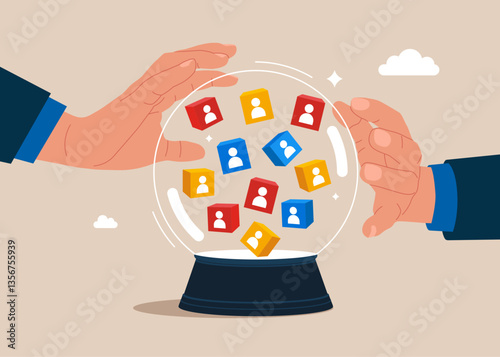 The vision the team. Crystal magic ball with a employees out of cubes. Employee recruitment. Modern vector illustration in flat style 