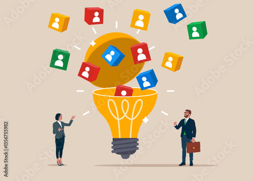 The recruiter selects the team. Employee recruitment. Open lightbulb to see employees out of cubes. Flat vector illustration.