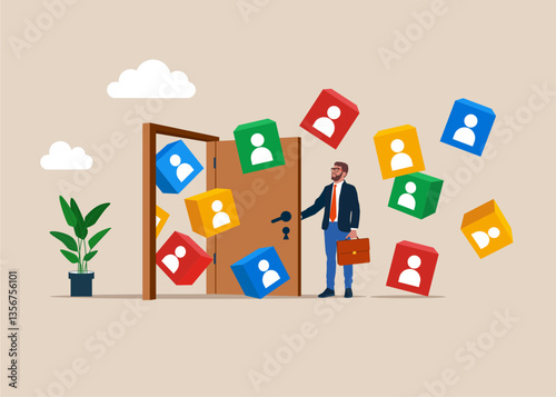 Businessman opening a door to onboarding employees. Employee recruitment. Attracting new customers or followers. Flat vector illustration