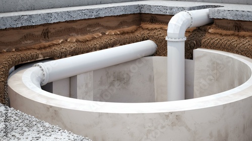 Sectional view of an underground wastewater treatment system, illustrating grease trap, anaerobic digestion, and leach field function. photo