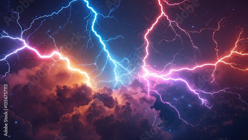Colorful lightning strikes in pink, blue, and purple illuminate dark stormy clouds with ample copyspace for text in the center of the image.