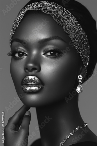 Black and white studio portrait of an African woman wearing a silver headband