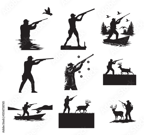 Hunter in outdoor aiming with his rifle hunting wild animal vector silhouette on white background