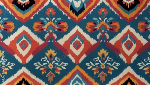 Vibrant faux ikat tribal pattern in rich shades of red blue and orange featuring diamond and floral motifs evenly distributed on a teal background