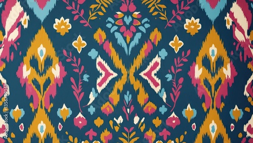 Vibrant tribal ikat pattern featuring bold yellow, pink, and white floral motifs on a deep blue background, arranged in a seamless tiled design.