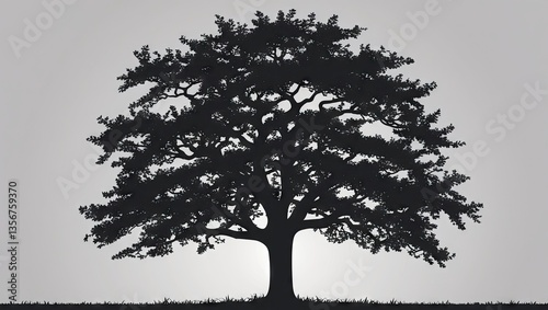 Silhouette of a large tree against a light gray background with ample copyspace below for text or design elements, showcasing intricate branch details.