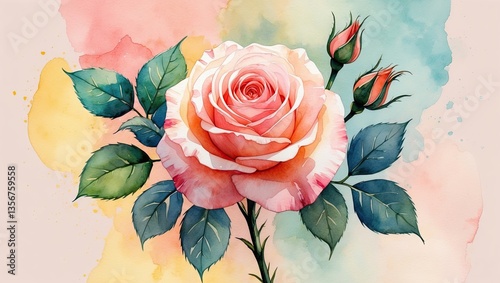 Watercolor rose with soft pink petals and green leaves positioned centrally against a pastel yellow and blue background featuring abstract splashes.