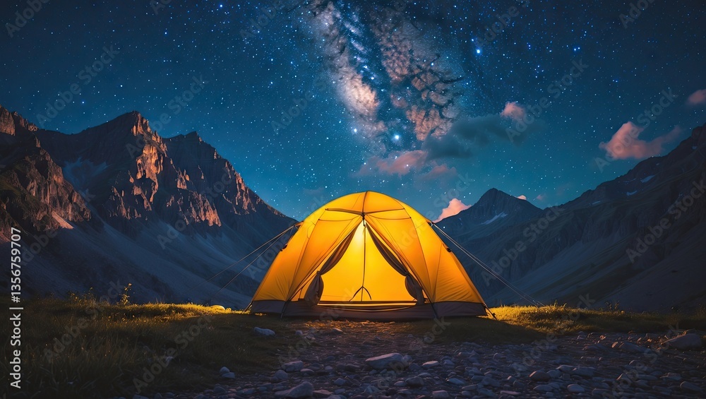 Bright yellow tent positioned in the foreground of a mountain landscape under a vibrant starry summer night sky with ample copy space. Bright yellow tent positioned in the foreground of a mountain landscape under a vibrant starry summer night sky with ample copy space.