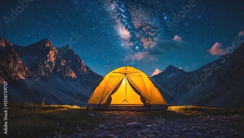 Bright yellow tent positioned in the foreground of a mountain landscape under a vibrant starry summer night sky with ample copy space.