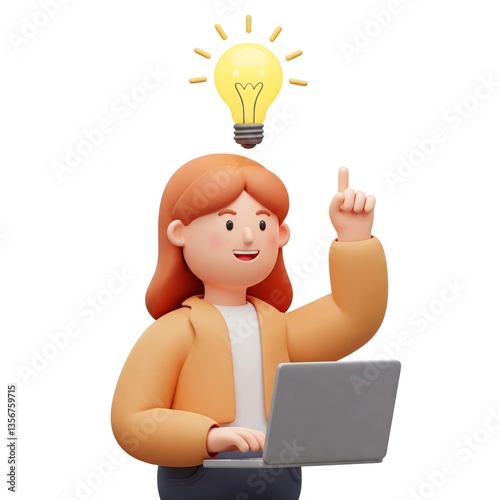 Young smiling woman working on the laptop computer and pointing finger up to bulb. Creativity innovation and business idea concept. 3d vector people character illustration. Cartoon minimal style.